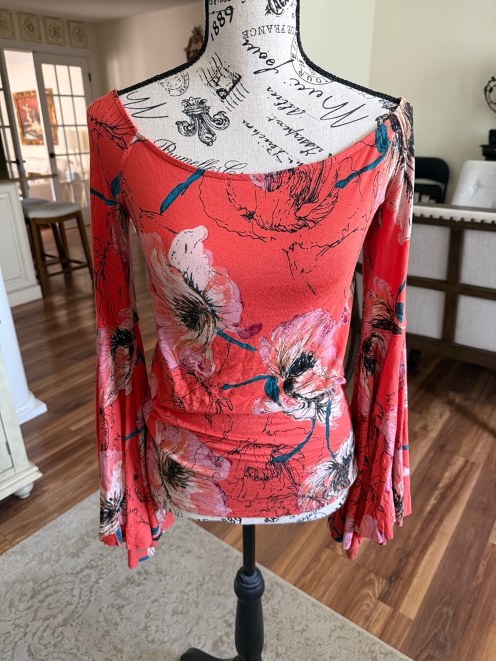 We The Free Coral Floral Off-Shoulder Bell Sleeve Top